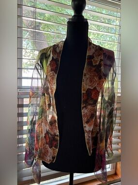 Sheer Floral Open-Front Blouse — Multicolor Rose Print